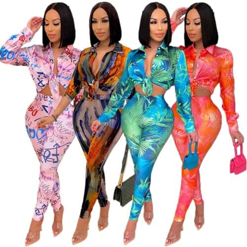 Women Cloth Tie-Dye Colorful Print Two Piece Set Casual Blouse Top Skinny Pants Fashion Suits Women Tracksuits Outdoor Wear