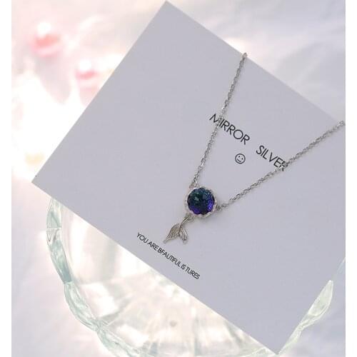 OBEAR Mermaid Foam Bubble Design Glass Necklace Silver Plated Mermaid Tail Blue Pendant Necklace for Women Elegant Jewelry Gift