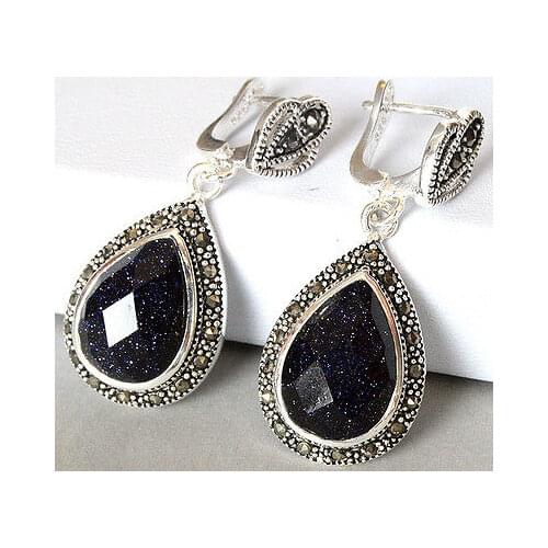 Free shipping ladys 925 Silver Natural Blue Sand Stone Marcasite Drop Earrings