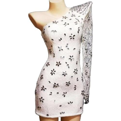 Sparkly Rhinestone White Women Short Dress One-Shoulder Lace Long Sleeve Tight Stretch Dress Evening Prom Celebrate Stage Wear