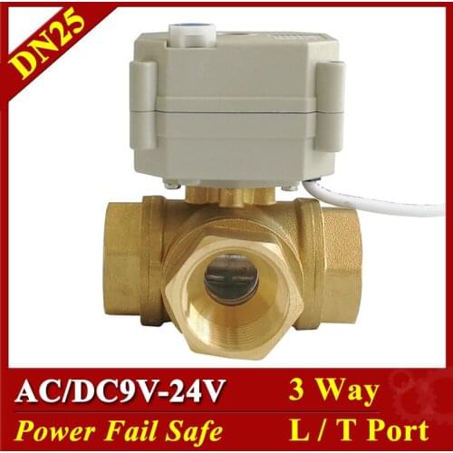 BSP/NPT 1" DN25 Power Off Return Motorized Valves AC/DC9-24V Brass 3 Way Horizontal T/L Type 2/5 Wires Power Fail Safe Valves