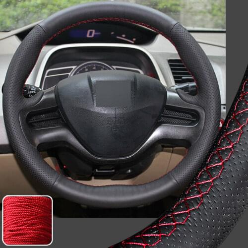 Black Leather DIY Stitch on Steering Wheel Cover Wrap for Honda Civic 2007-2011 Super Soft Non-slip Durable Car Interior Protect