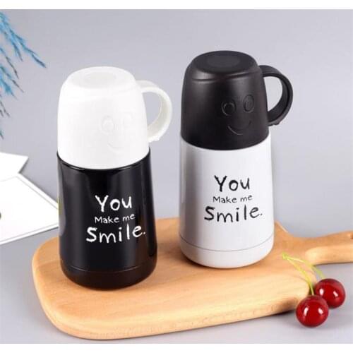 VIERUODIS Travel Coffee Mug Stainless Steel Thermos Tumbler Cups Cute Smiling Face Tea Water Bottle Mini Mug Flask With Handle