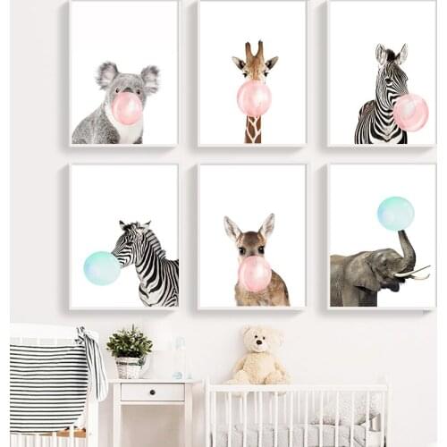 Cartoon Animals Blowing Balloons Canvas Painting Baby Nursery Bedroom Wall Art Poster and Prints Kids Room Funny Pictures Decor