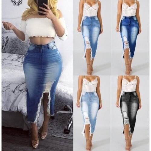 Summer 2020 New Fashion High Waist Ripped Split Denim Distressed Jeans Bodycon Long Skirt for women