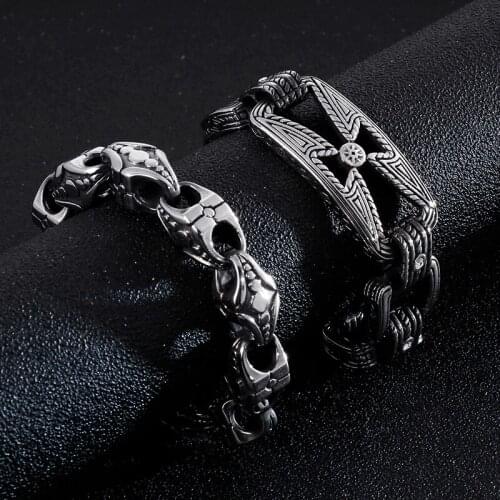 Punk Vintage HipHop Biker Cross Bracelet Men Black Stainless Steel Link Charm Male Viking Bracelets Bangle Jewelry Gift Pulsera