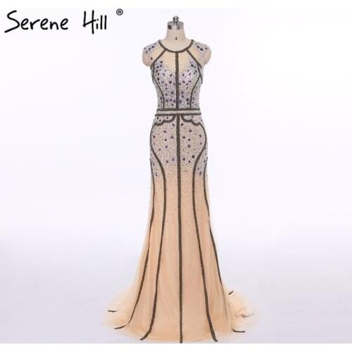 2020 New Luxury Dubai Arabic Mermaid Evening Dresses Real Picture Crystal Beads Sequins Illusion Back Party Gown BLA6463