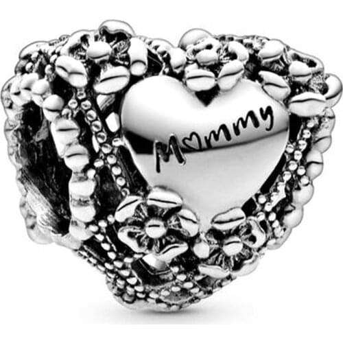 Original Vintage Openwork Flower Love Heart Mummy Beads Fit 925 Sterling Silver Bead Charm Bracelet Bangle DIY Jewelry