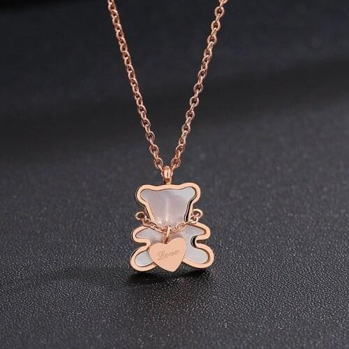 Kpop Necklace for Women Cute Bear Love Heart Shell Stainless Stee Accessories Gold Rose Gold Color Chain Fashion Jewelry(GN355)