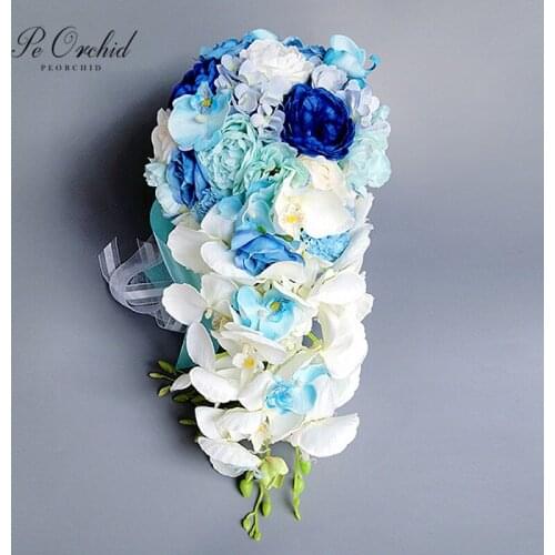 PEORCHID Artificial Royal Blue Peonies Wedding Bouquets Cascade Ramos Para Novia Pink Bridesmaid flower Rose Waterfall Bouquet