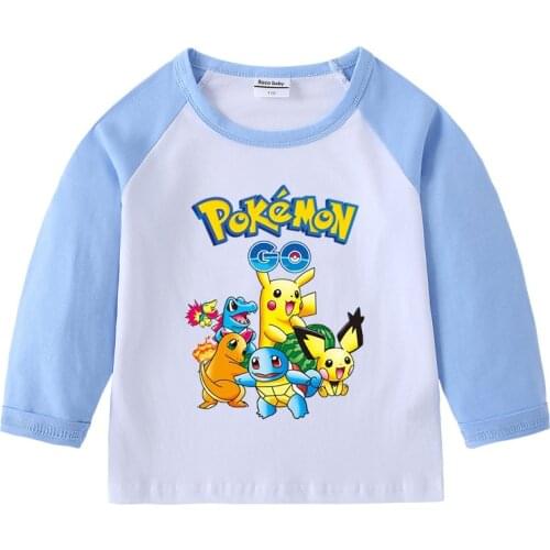 Pokemon 100% Cotton Children Clothes Soft Long Sleeve Shirt Pikachu Kids T-shirt Cartoon Boys Top Fashion Girls Tops Kid Clothes