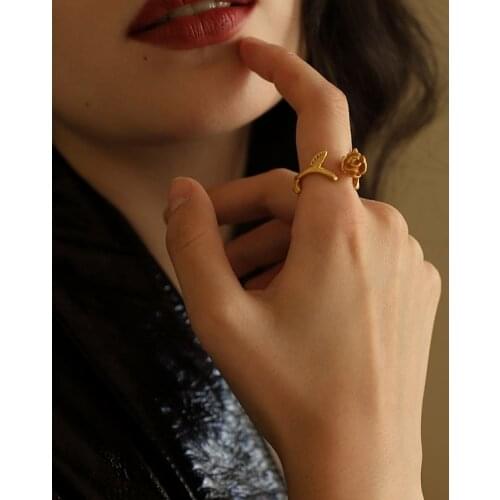 Luxury Jewelry for Women Stainless Steel Glossy Rose Flower Leaves Open Resizable 14K Gold Rings For Girls Valentines Day Gifts