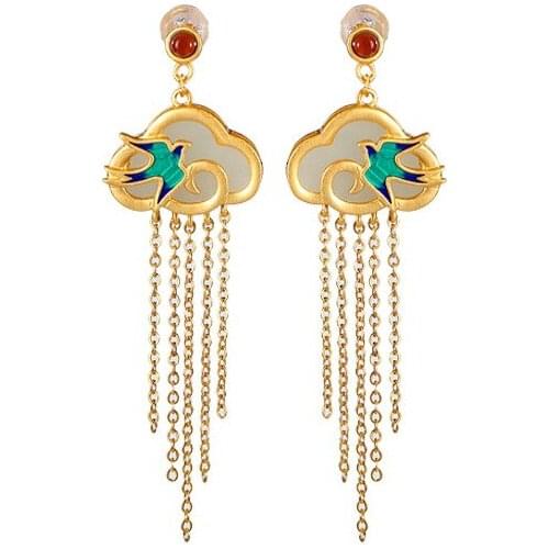 S925 sterling silver gold plated Natural Hetian jade Ear studs Retro Cloisonne Xiangyun Tassel Swallow Earrings