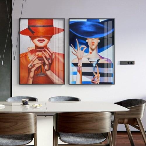 Blue Elegant Woman Drink wine Canvas Art Painting Prints Wall Picture Poster Canvas Wall Art For Bedroom Scandinavian Home Décor