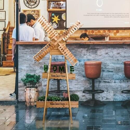 Nordic Windmill Flower Stand Creative Double-layer Balcony Succulent Wooden Flower Stands Coffee Shop Flower Shop Decoration