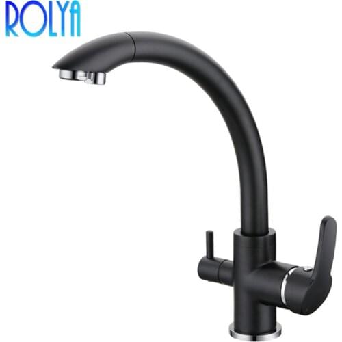 ROLYA Black 3 Way Kitchen Faucet Osmosis Reverse Tri Flow Filtered Sink Mixer Tap Solid Brass