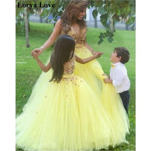 Light Yellow Prom Dresses 2020 New Mother And Daughter Tulle Formal Party Long Evening Gowns Elegant Applique Vestidos Fiesta