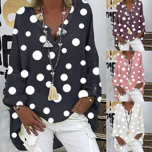 Plus Size Women Casual Long Sleeve Polka Dots Printing Loose V-neck Shirt Blouse Top Solid Color All-match Lovely Girls T-shirt
