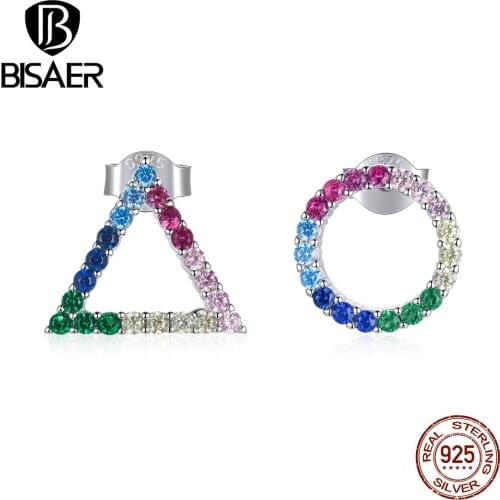 Bisaer Earrings Authentic 100% 925 Sterling Silver Geometric Studs Zircon Stud Earrings For Women Wedding Fine Jewelry EFE482