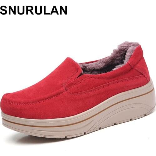 SNURULANWinter Women Flat Platform Shoes Genuine Leather LaceUp Ladies Flats Creepers Moccasins Oxford CottonShoes For WomanE377