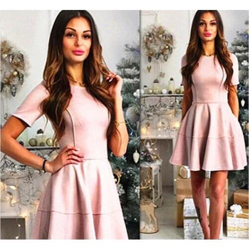 TAOVK Womens Costume Solid color Round neck Short sleeve suede A-line slim fit and knee dress