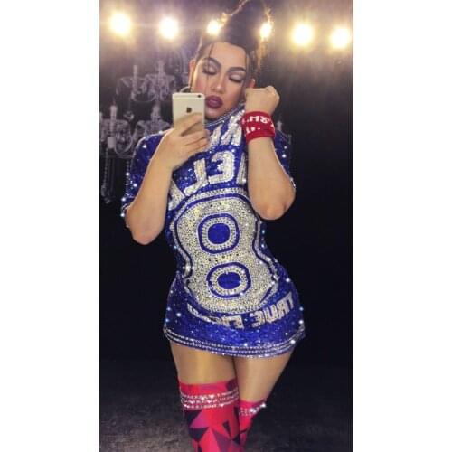 Sexy Blue Sparkly Rhinestones Nightclub Birthday Celebrate Costume Dance Stage Outfit Female Singer Stretch Evening Wear Coat