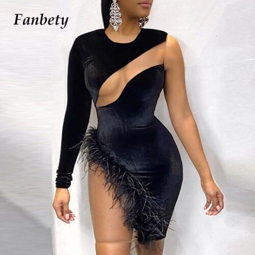 Sexy Hollow Out One-shoulder Lady Mini Dress Women Velvet Feather Mesh Club Party Dress Fashion O-Neck Irregular Dresses Vestido
