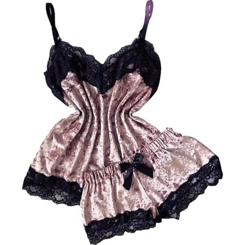 Women Sling Nightwear Lace Dress V-Neck Mesh Summer Sleeping Top Bowknot Dye Printed Shorts Suit