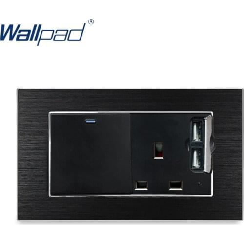 1 Gang 2 Way Switch With 3 Pin UK Socket 2 USB Charger Wallpad Luxury Wall Outlet Satin Metal Panel 146*86mm 5V 2400MA