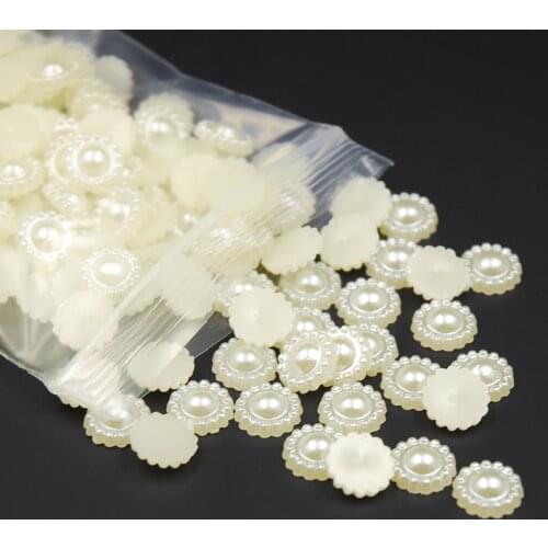 10mm White/Beige 100pcs Flower Half Round Imitation Pearls ABS Resin Beads Wedding Cards Craft Scrapbooking Stickers DIY