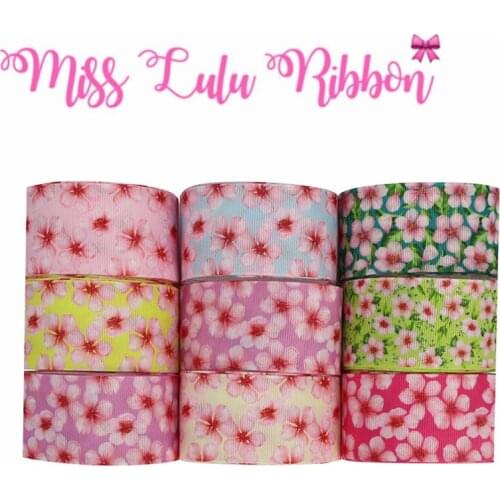 16mm-75mm Spring Flower Series Printed Grosgrain/Foe Ribbon Green Pink DIY Hair Bowknots 50yards/roll