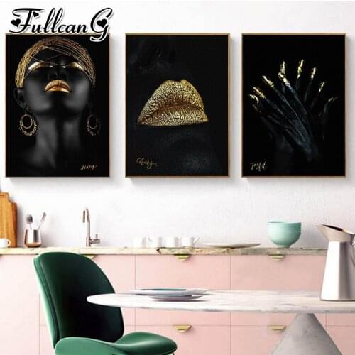 FULLCANG 5d diy diamond embroidery black woman sexy lips diamond painting triptych full square round drill home decor FC3444