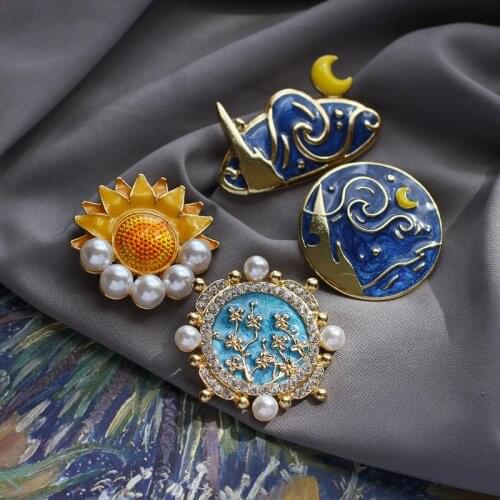 Korea New Van Gogh Starry Night Sunflower Oil Painting Cabochon Dome Jewelry Retro Brooch for Women Girls Gift Party