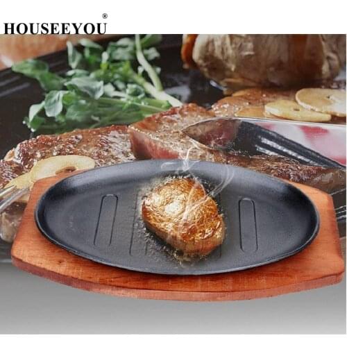 3 Sizes Cast Iron Roasting Steak Pan Non Stick Roast Enamel Fried Pot Plate Frying Pan with Wooden Base Holder Home Cookware