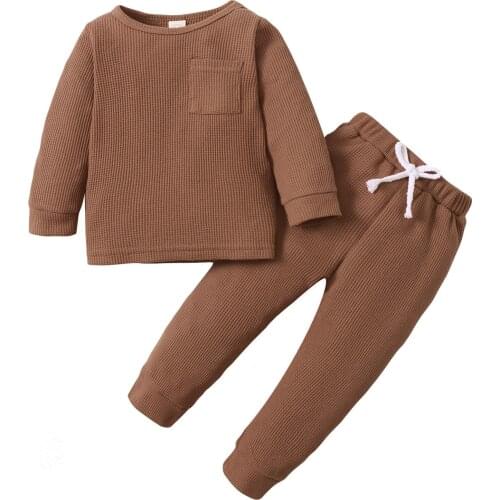 2021 0-5Y Kids Baby Ribbed Clothing Set Boys Girls Solid Color Long Sleeve O Neck Tops+Lace Up Waist Long Pants Spring Fall 2pcs