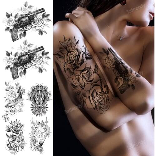 Flowers fake tattoo for woman body art painting rose peony anime temporary tattoos waterproof black sketch line arm sleeve tatoo