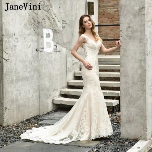 JaneVini Sexy Mermaid Bride Wedding Dresses 2019 V Neck Sleeveless Appliques Beading Open Back Lace Long Bridal Gowns Mariages