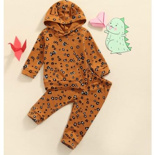 FOCUSNORM 2pcs Autumn Lovely Baby Girls Boys Clothes Sets Leopard Printed 3D Ear Hooded Pullover Tops Pants 0-24M