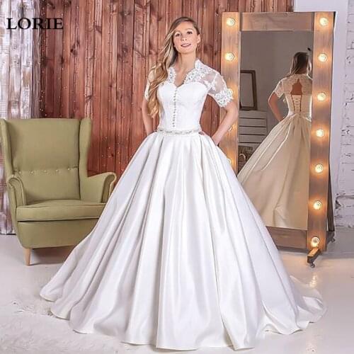LORIE Short Sleeve Lace Princess Wedding Dress Satin Vintage Lace Bride Dresses Abito Da Sposa 2021 Corset Wedding Ball Gowns