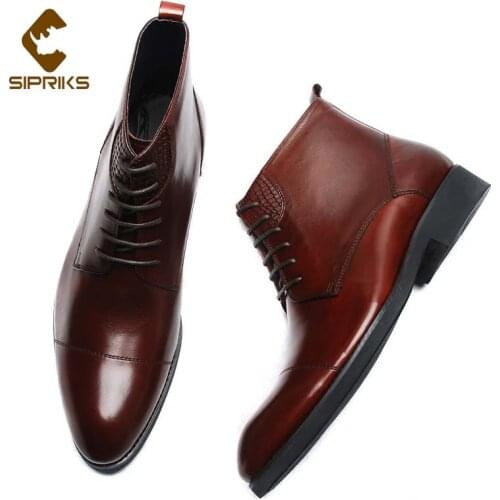 Sipriks High-Top Leather Shoes Mens Red Brown British Boots Lace Up Cap Toe Two Cap Derby Shoes Elegant Black Gentleman Footwear