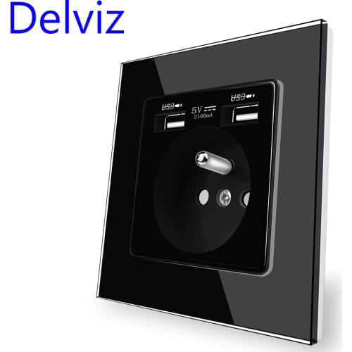 Delviz Wall Power USB Socket, 5V 2100mA Double usb security charging interface, Toughened Glass Panel 16A France Standard Outlet