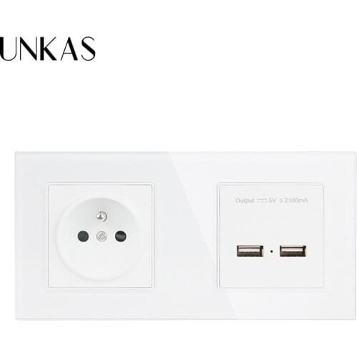 UNKAS Dual USB Charger Port for Mobile 16A Double French Standard Electric Socket Export Crystal Glass Panel Power