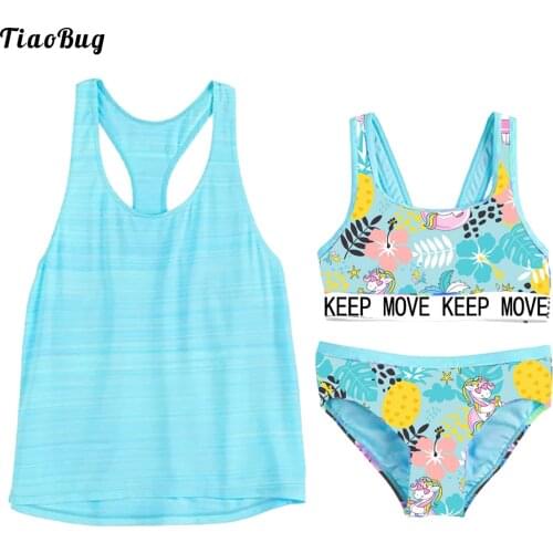 TiaoBug Summer 3Pcs Kids Girls Swimsuit Straps Sleeveless Cropped Tops With O-Neck Sleeveless Racer Back Vest Tops And Briefs