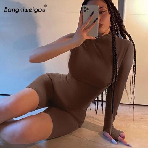 Bangniweigou O Neck One Sleeve Cozy Playsuit Fall Winter Women Skinny Brown One Piece Rompers Casual Bodycon Clothes