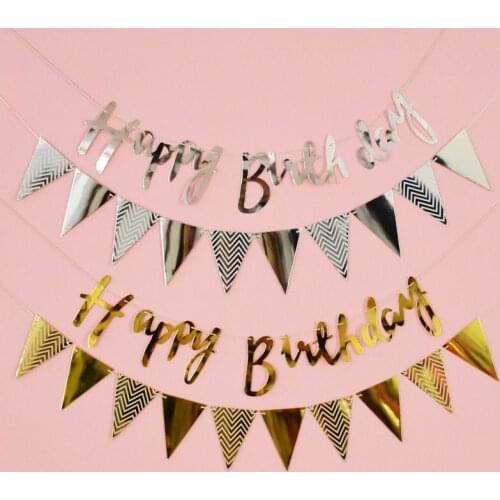 Happy Birthday DIY Decoration Desktop Gold Silver pull banner paper Party Anniversary Wedding Children Holiday Decor supplies