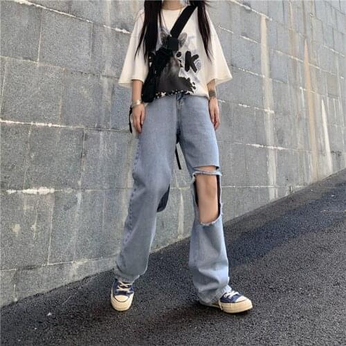 Varofi The original style jeans women loose large width leg straight pants hole lazy pants woman jeans ripped jeans for women