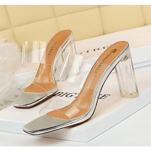 Open Toe Clear Heels Slippers Women Sandals Summer Shoes Transparent High Pumps Woman Party Jelly Buty Damskie Sexy Square Heels