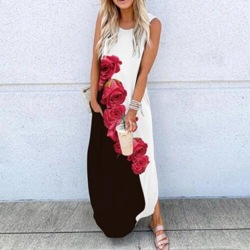Women Maxi Dress Summer Streetwear Robe Print Long Dress Loose Ladies Clothing Vintage Sleeveless O-Neck Tank Dresses Vestidos