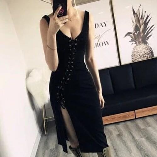 Sexy Lace Up Split Hollow Out Dress Women Sleeveless V Neck Chic Ladies Dresses 2021 Summer Patchwork Party Club Clothes
