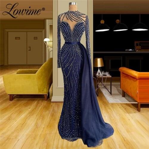 Dubai Navy Blue Beaded Mermaid Evening Dresses 2021 Arabic Long Sleeves Prom Formal Dresses Women Wedding Party Gowns Robes